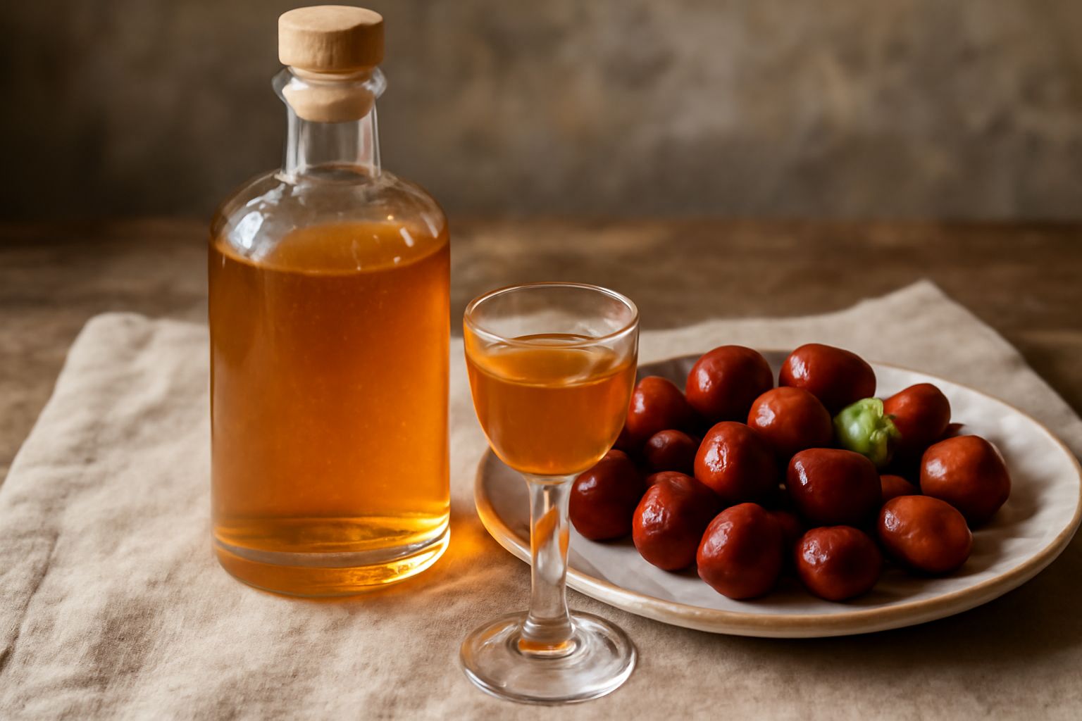 Bottiglia di vetro con liquore di giuggiola di colore ambrato e dorato, circondata da giuggiole fresche rosse e marroni su un tavolo di legno naturale, con un bicchierino di liquore traslucido accanto