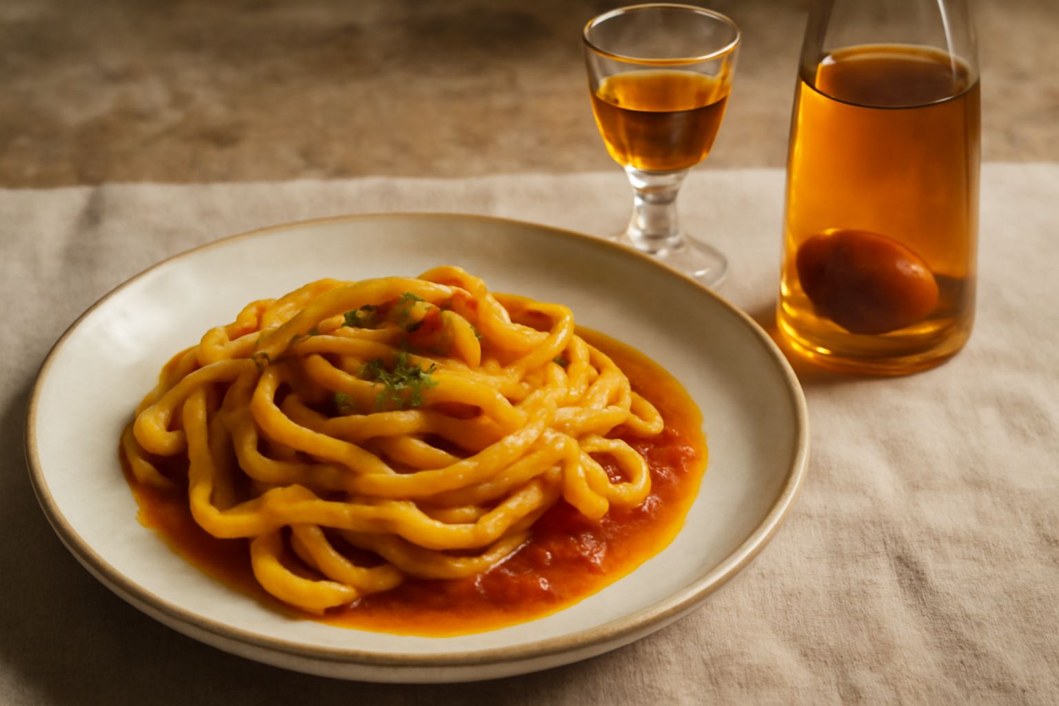 Bottiglie di vetro trasparente piene di liquore di giuggiole color ambra-dorato con frutti rossi sul fondo e un bicchiere di degustazione con il liquore versato, foglie di menta accanto