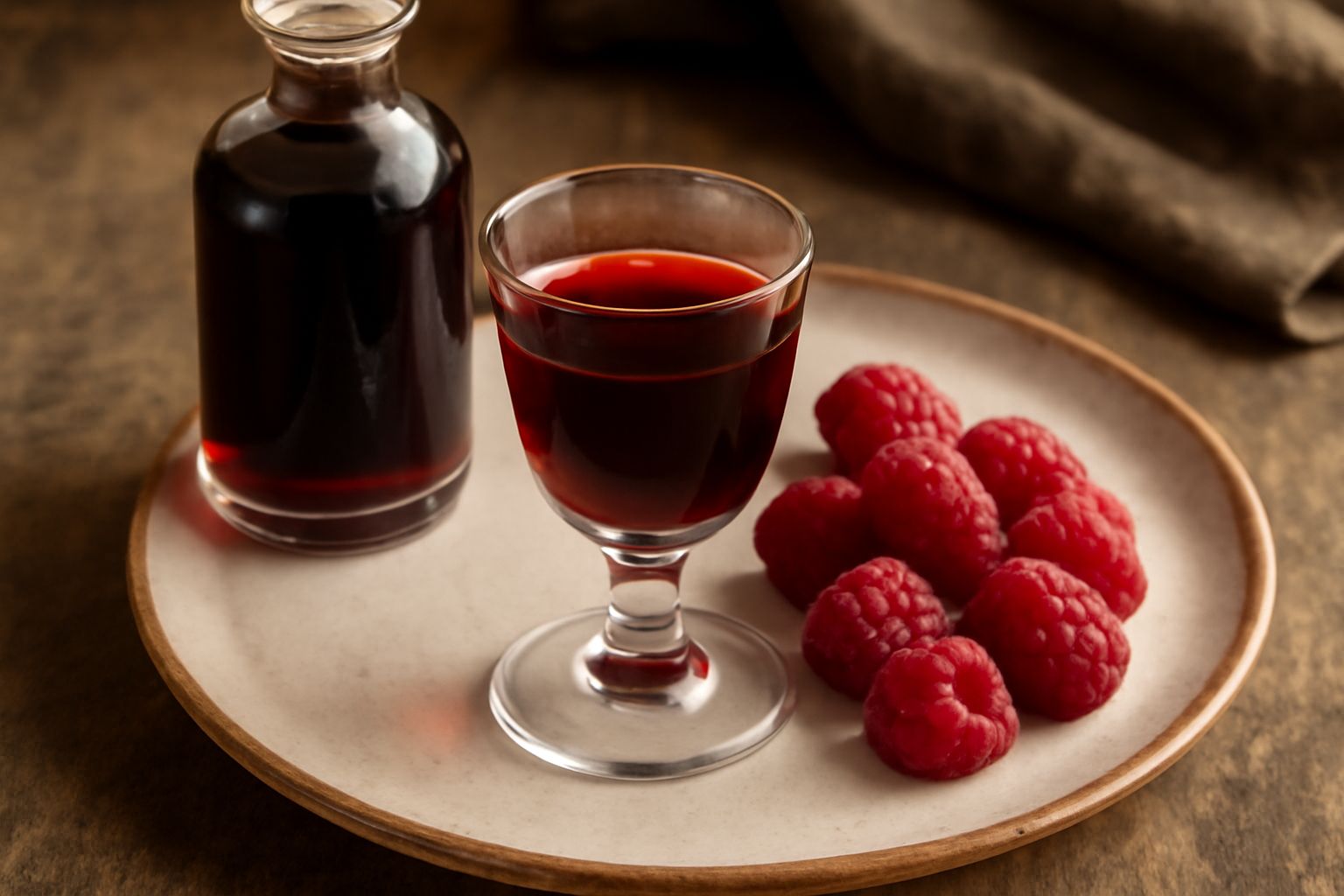 Liquore di lampone di colore rosso rubino in una bottiglia di vetro scuro con tappo, sfondo con alcuni lamponi freschi sparsi