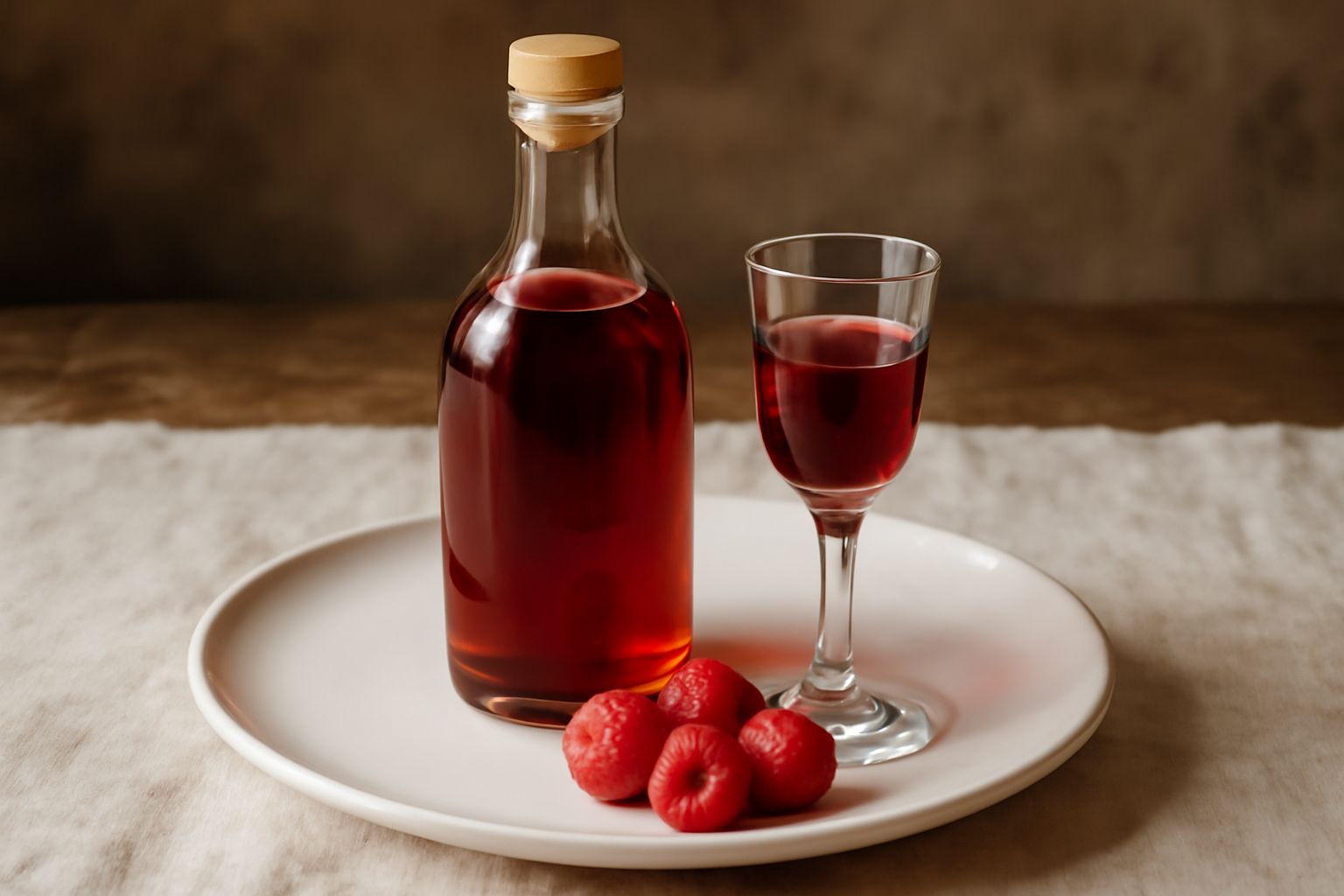 Bottiglia di vetro scuro con liquore di lamponi rosso rubino intenso, illuminato da luce naturale, circondata da alcuni lamponi freschi rossi su un piano di legno naturale