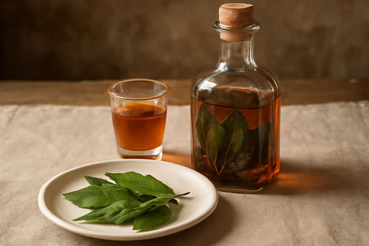 Bicchierino di liquore di lauro color ambrato con foglie d'alloro fresche accanto su tavolo di legno naturale, bottiglia in vetro scuro sullo sfondo