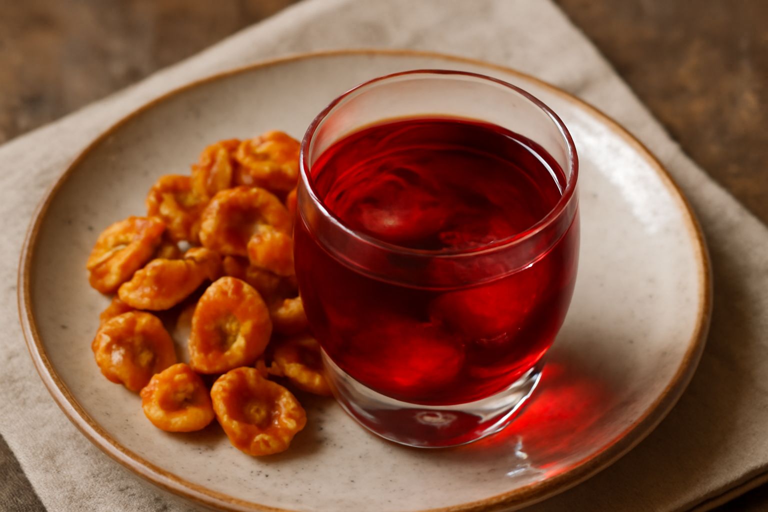 Bicchiere basso con liquore di lentischio dal colore rosso rubino trasparente, servito ghiacciato con cubetti di ghiaccio, su sfondo bianco con rametti di lentischio secco accanto