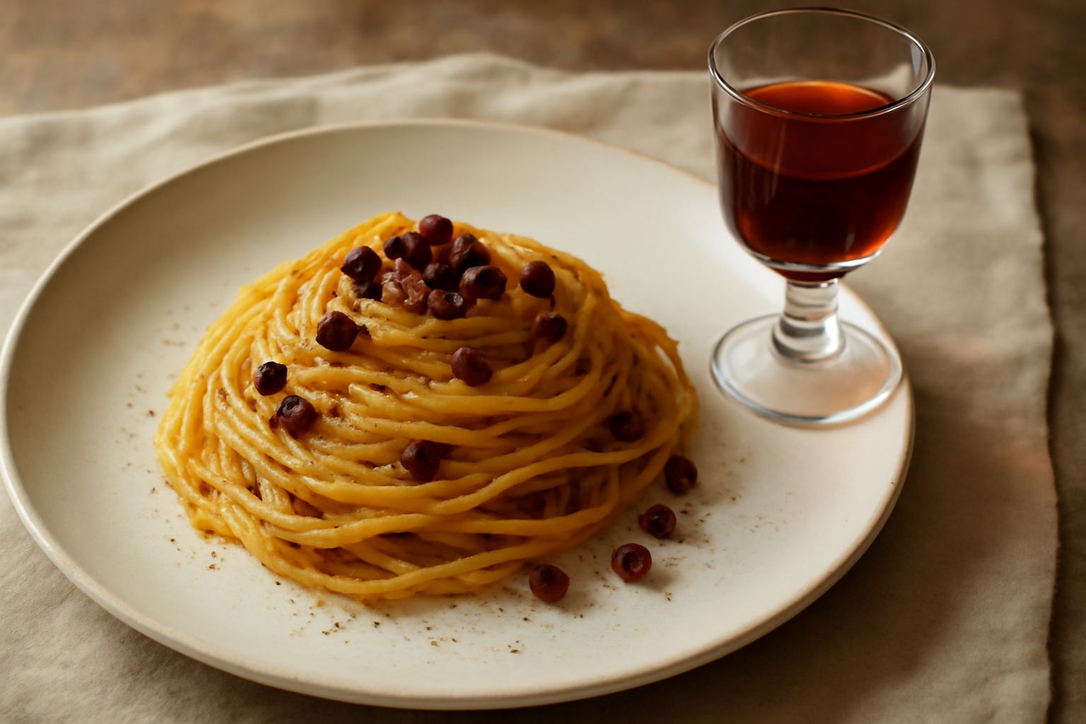Bicchiere trasparente con liquore di lentisco di colore ambrato scuro, frutto di lentisco rosso scuro accanto, bottiglia di vetro con tappo di sughero sullo sfondo, luce naturale diffusa