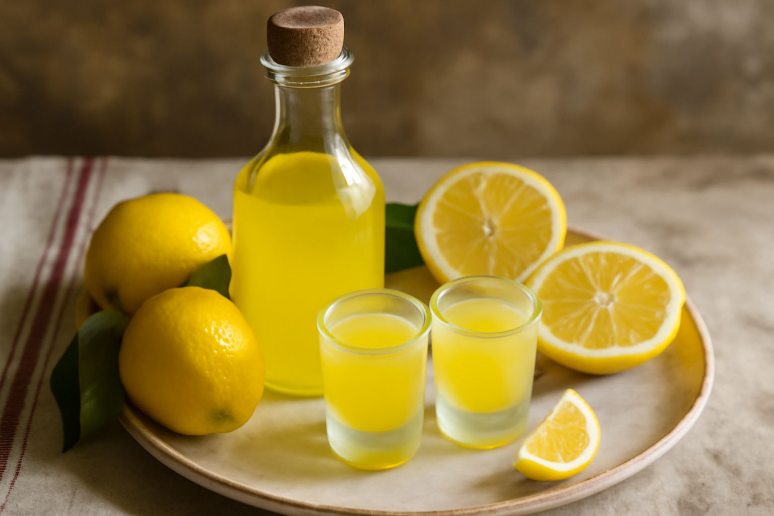 Bicchierino di liquore di limoncello di colore giallo chiaro, trasparente, servito gelato in bicchiere brinato. Sullo sfondo limoni gialli interi e una bottiglia di vetro scuro contenente il liquore f