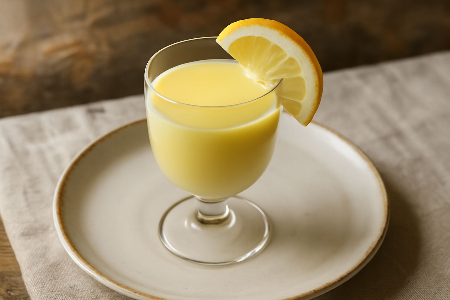 Bicchiere di liquore di limone cremoso color giallo chiaro, con bordo brinato di zucchero, servito freddo con fetta di limone fresco sul bordo, bottiglia di vetro scuro con liquore sullo sfondo