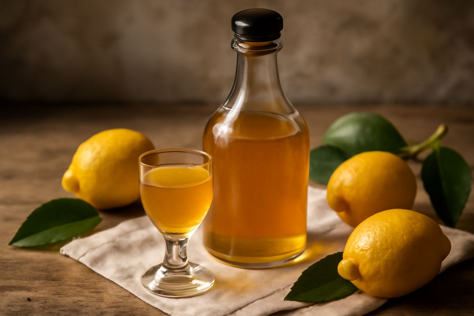 Bottiglia di vetro scuro con liquore giallo-ambrato, limoni freschi interi e bucce attorno, cucchiaio di legno, zucchero bianco in ciotola