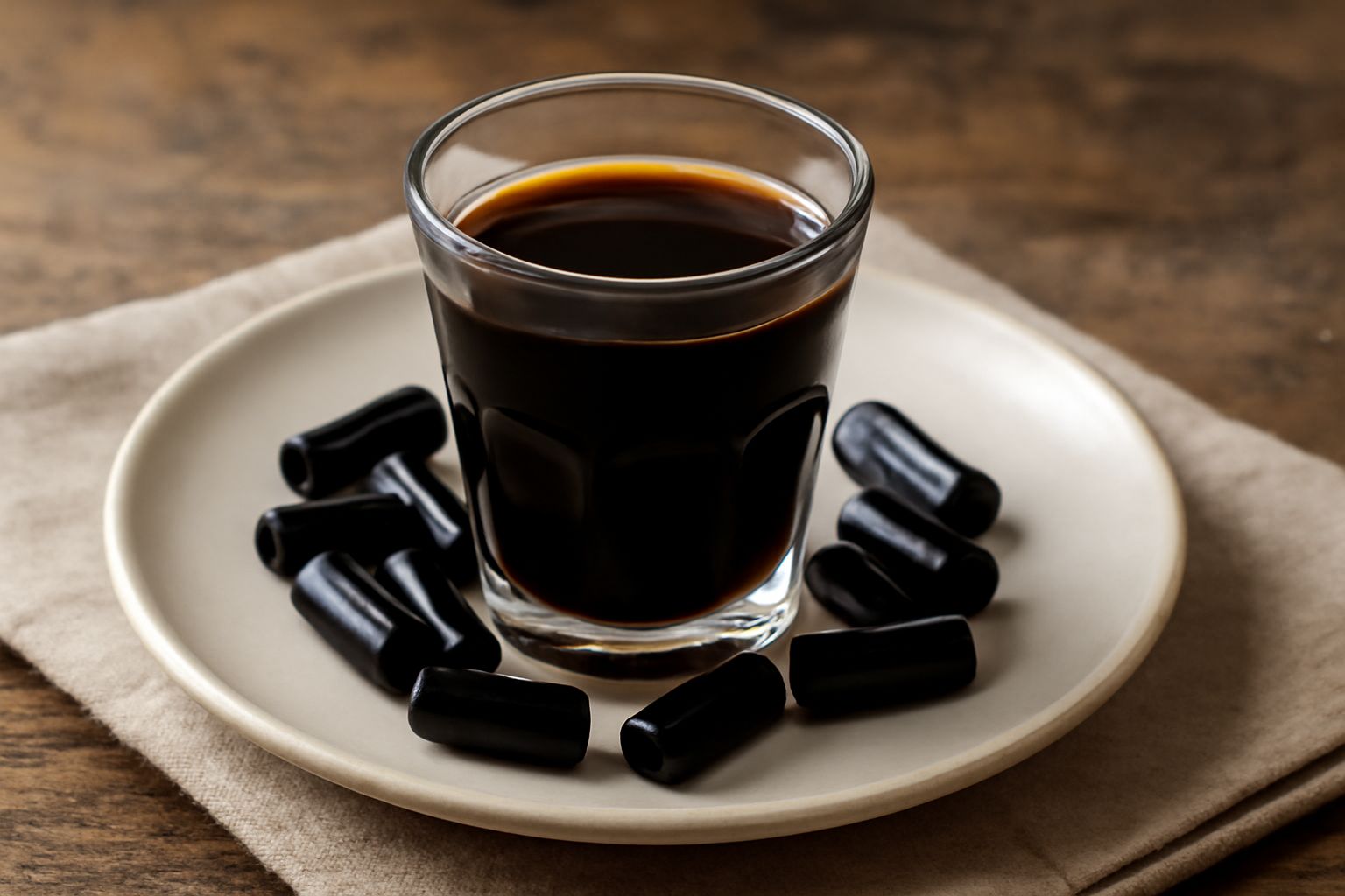 Bicchiere di cristallo con liquore di liquirizia di colore marrone scuro, servito freddo con cubetti di ghiaccio su tavolo di legno, accanto a radice di liquirizia essiccata