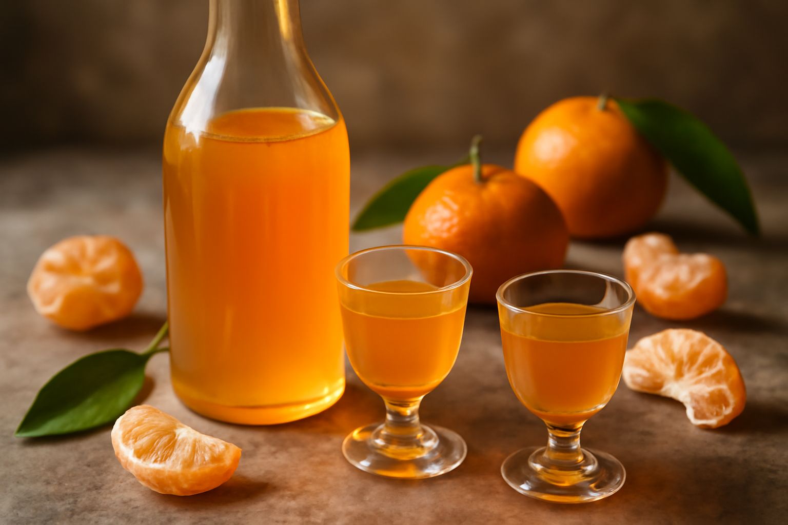 Bicchiere di liquore di mandarino dal colore arancio intenso, trasparente, illuminato da luce naturale, con tre mandarini freschi accanto e una bottiglia di vetro scuro sullo sfondo