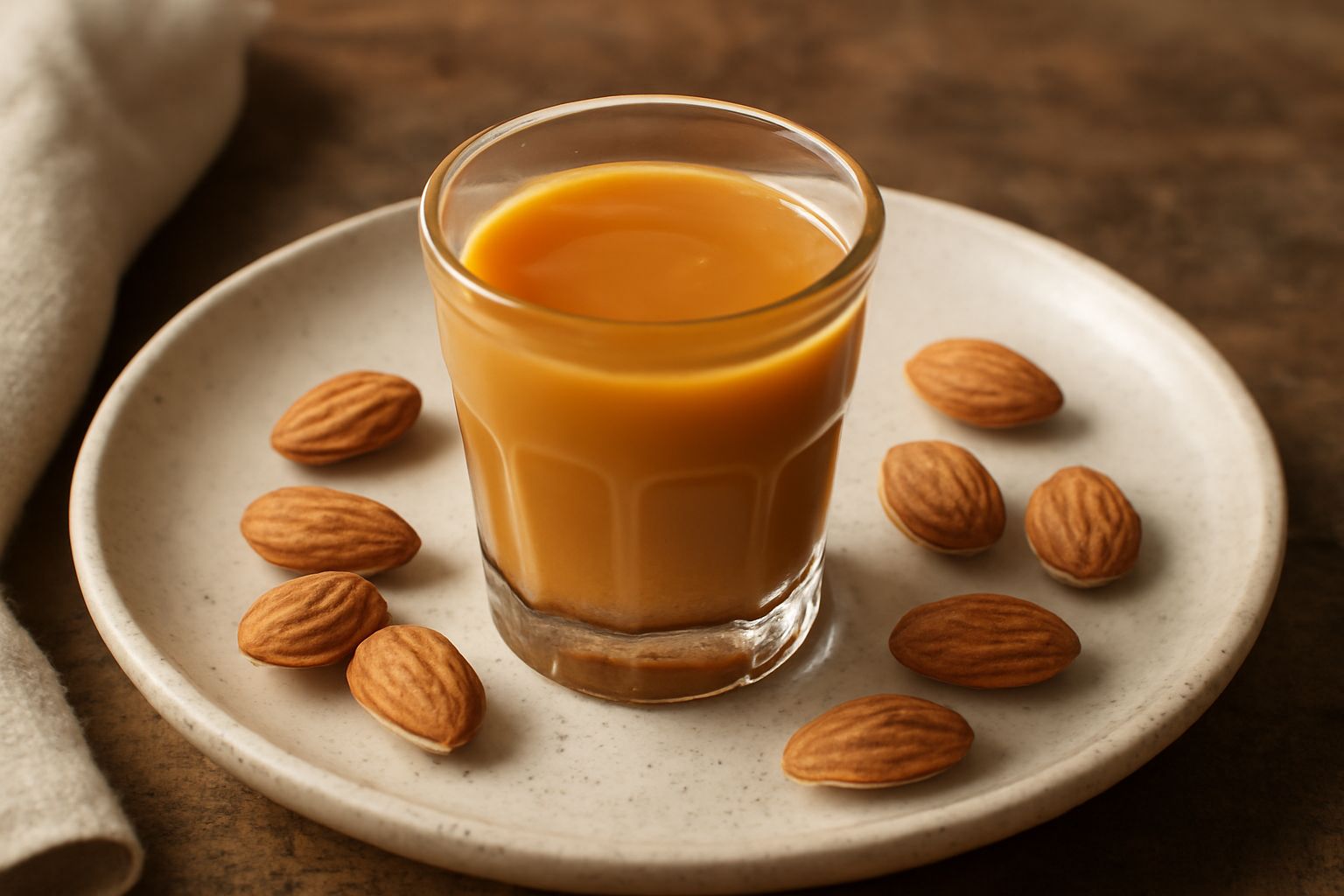 Bicchiere di cristallo contenente liquore di mandorla color ambrato cremoso, circondat da mandorle sgusciate intere, su fondo di legno scuro con luce naturale calda