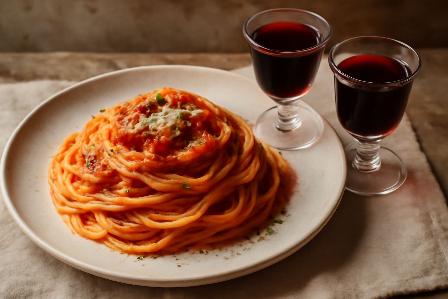 Bottiglia di liquore di marasca con colore rosso rubino scuro, tappo di sughero, circondata da poche ciliegie fresche rosse scure su fondo di legno scuro