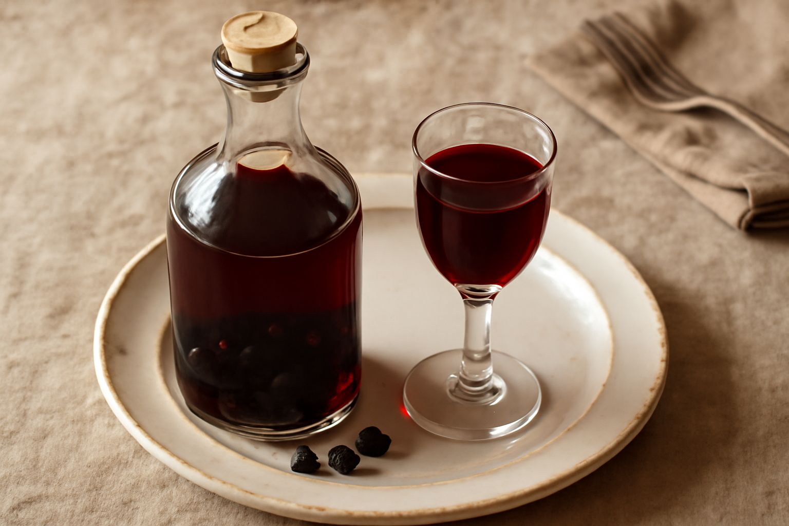 Bottiglia di vetro trasparente riempita di liquore rosso scuro con piccole ciliegie nere intere sul fondo, tappata con sughero, su fondo bianco con alcune marasche fresche accanto