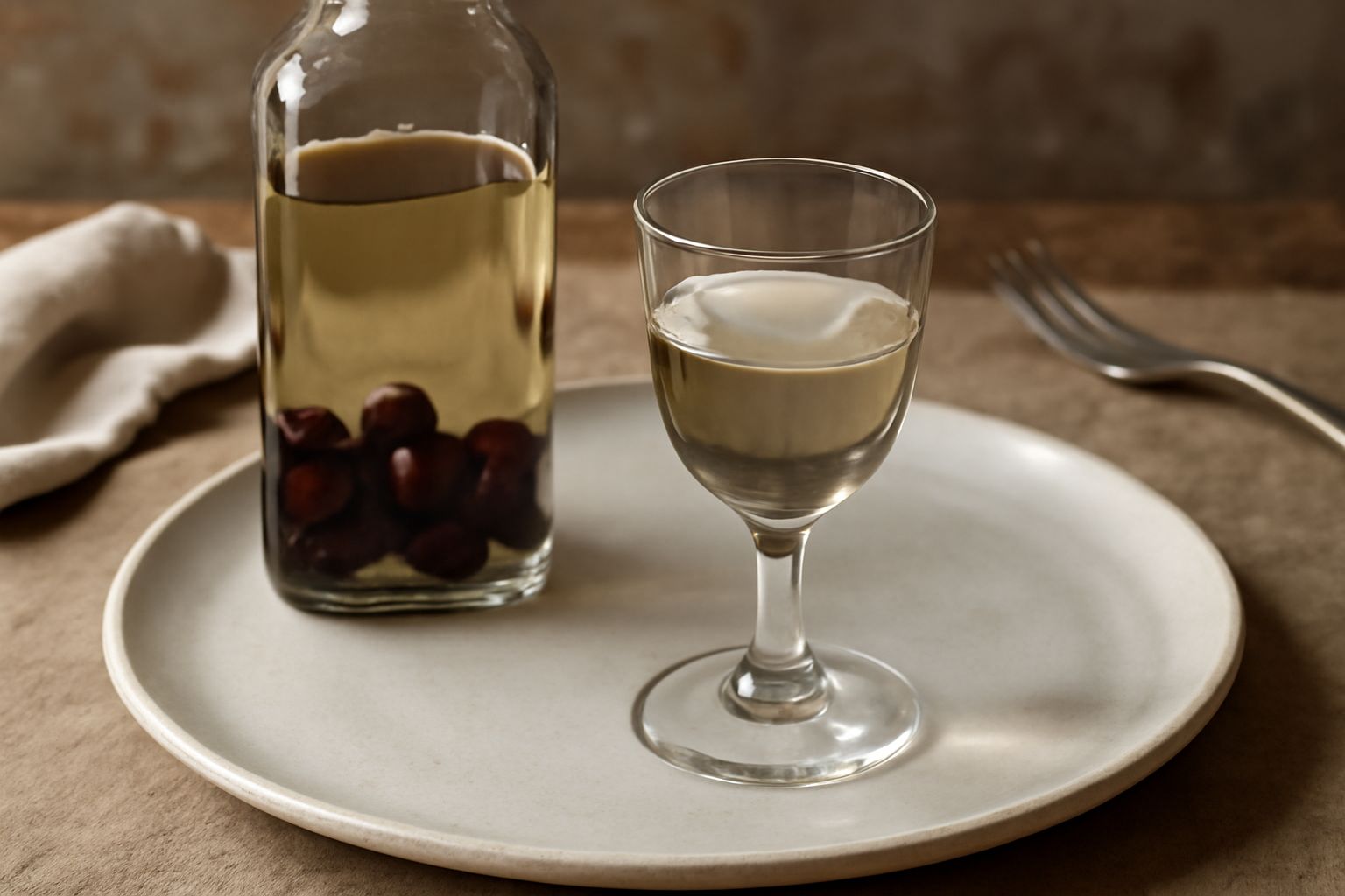 Liquore di maraschino trasparente color ambrato in una bottiglia di vetro scuro, con ciliegie marasche intere visibili sul fondo, servito in un bicchierino da liquore, luce naturale che illumina il li