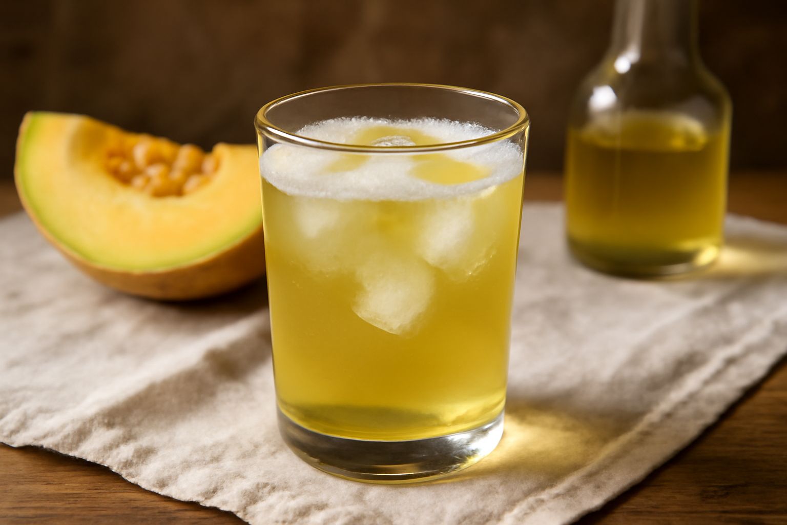 Bicchiere di liquore di melone trasparente e giallo paglierino, servito freddo con cubetti di ghiaccio, accanto a una fetta di melone fresco su un piatto bianco
