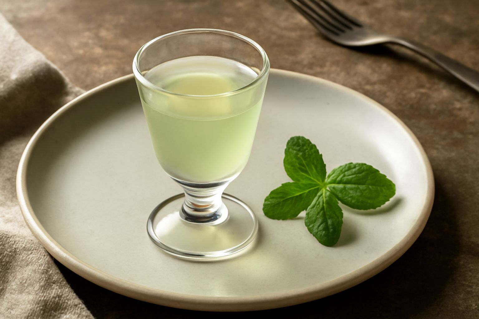 Bottiglia di vetro trasparente con liquore di menta di colore verde chiaro, foglie di menta fresca accanto, sottofondo bianco con gocce di condensa sulla bottiglia
