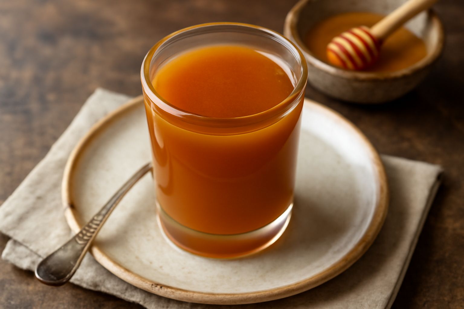 Bottiglia di vetro scuro piena di liquore di miele calabrese color ambrato, accanto a un bicchierino trasparente con il liquore servito, con bacchette di cannella e fiorellini di anice stellato sparsi