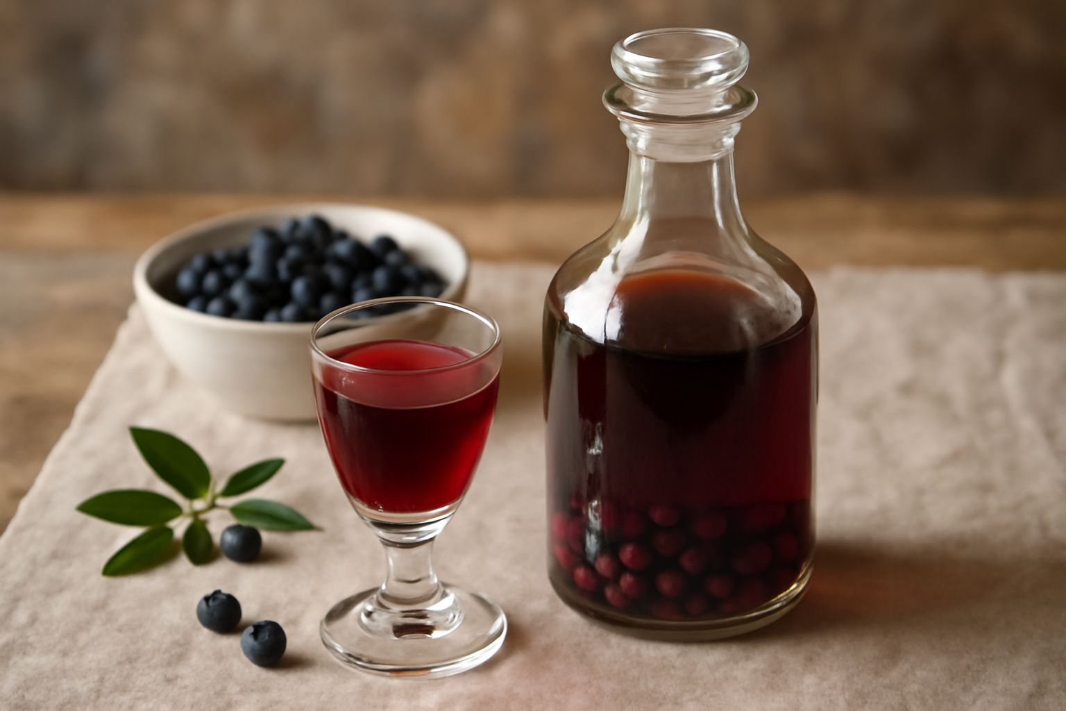 Bicchiere di cristallo con liquore di mirti color porpora scuro, bacche intere visibili nel fondo, illuminato da luce naturale, con una foglia di mirtillo accanto
