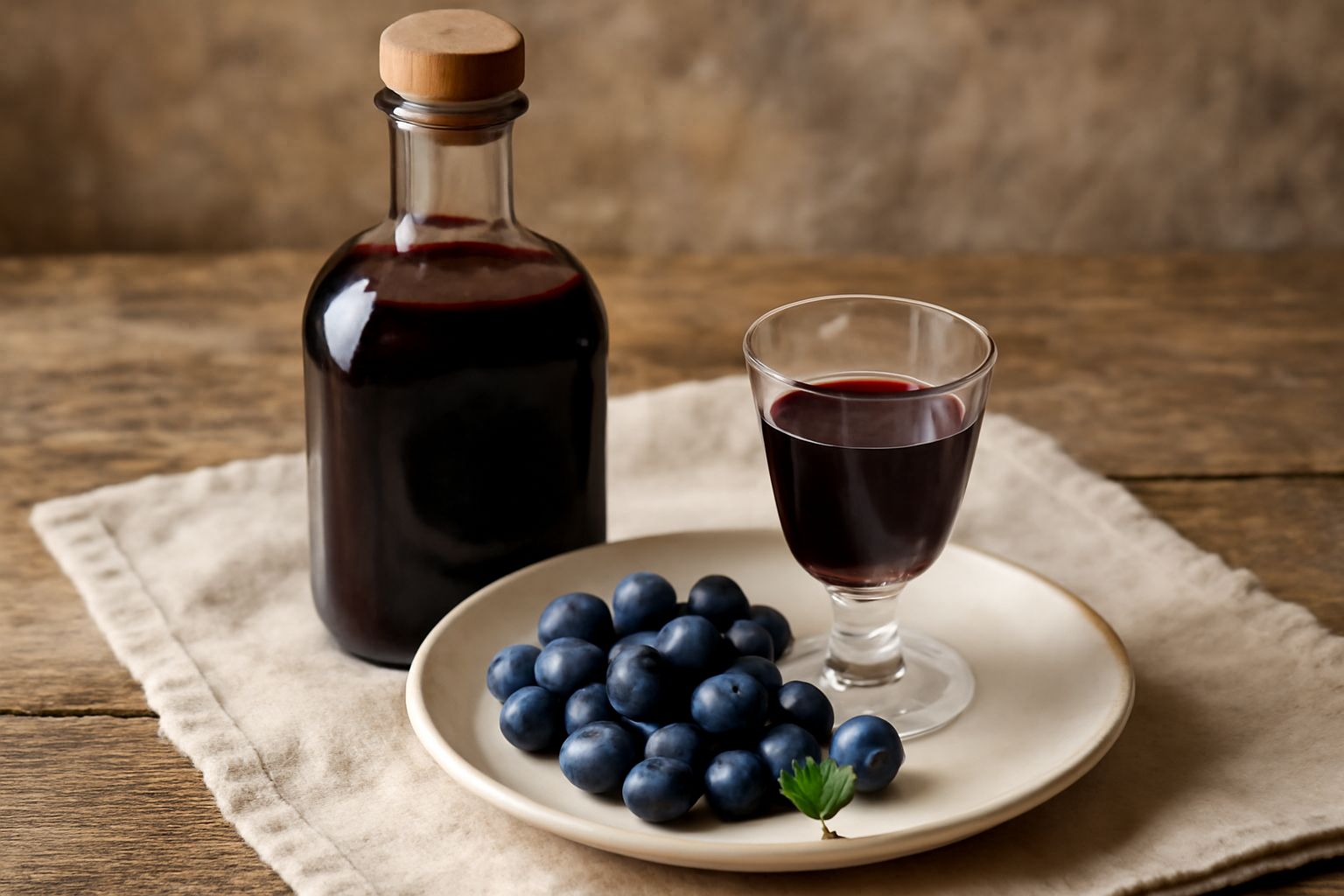 Bottiglia di vetro scuro con liquore di mirtillo dal colore rosso rubino profondo, circondata da alcuni mirtilli freschi blu su un tavolo di legno chiaro, con luce naturale che fa brillare il liquido 