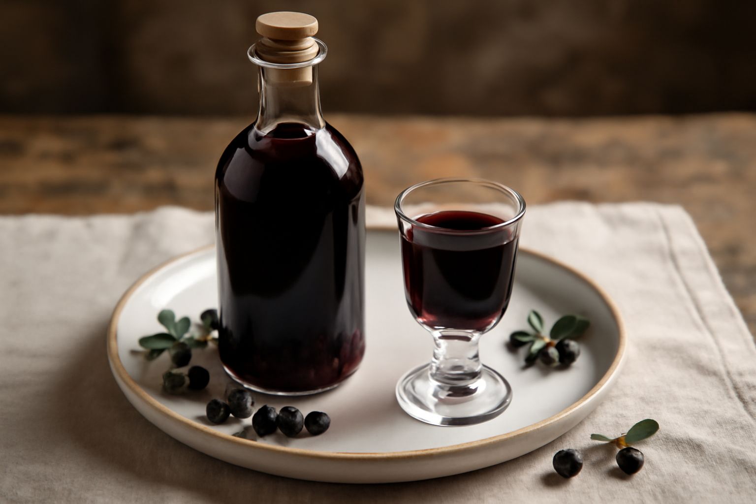 Bicchierino di liquore di mirto di colore violaceo scuro, con bacche nere di mirto fresche accanto, su una superficie di legno chiaro, con una bottiglia scura sullo sfondo