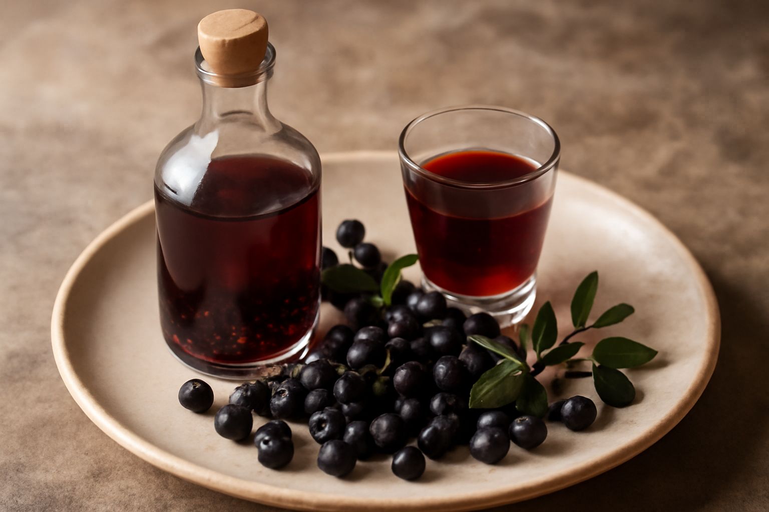 Bottiglia di vetro scuro con liquore di mirto nero trasparente dal colore rosso intenso, bacche di mirto fresche accanto, sfondo con foglie verdi di mirto