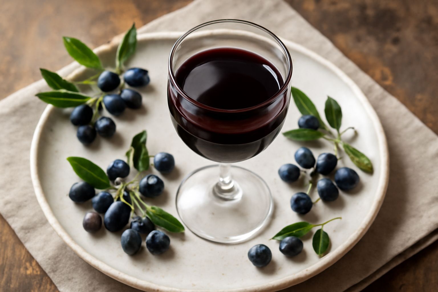 Bicchiere trasparente con liquore di mirto dal colore viola scuro, servito freddo con alcuni cubetti di ghiaccio, su fondo legno naturale con rametti di mirto fresco accanto
