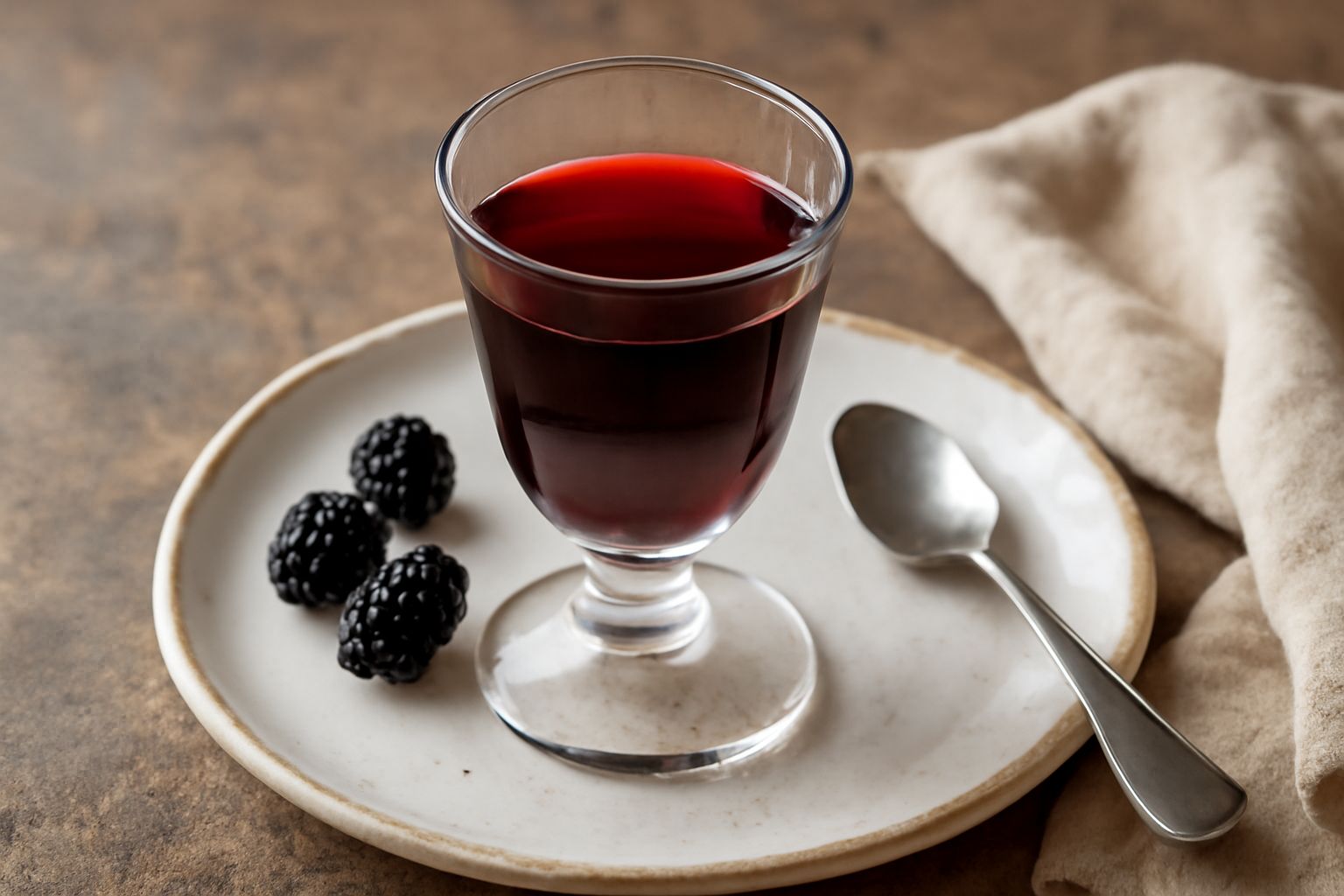Un bicchiere di liquore di mora di colore rosso scuro, traslucido, con alcune more in fondo al bicchiere e una bottiglia di vetro scuro sullo sfondo