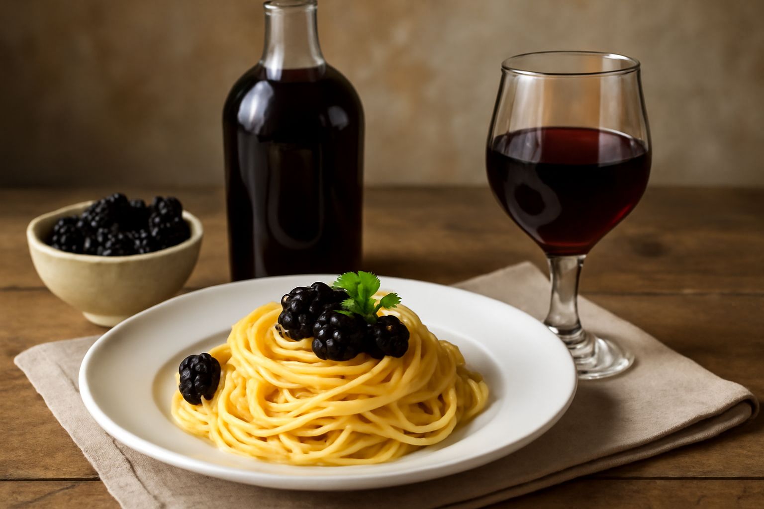 Bicchiere di liquore di more di colore rosso scuro, leggermente trasparente, con riflessi granata alla luce, accanto a una bottiglia di vetro scuro tappata e un rametto di more fresche nere su un tavo