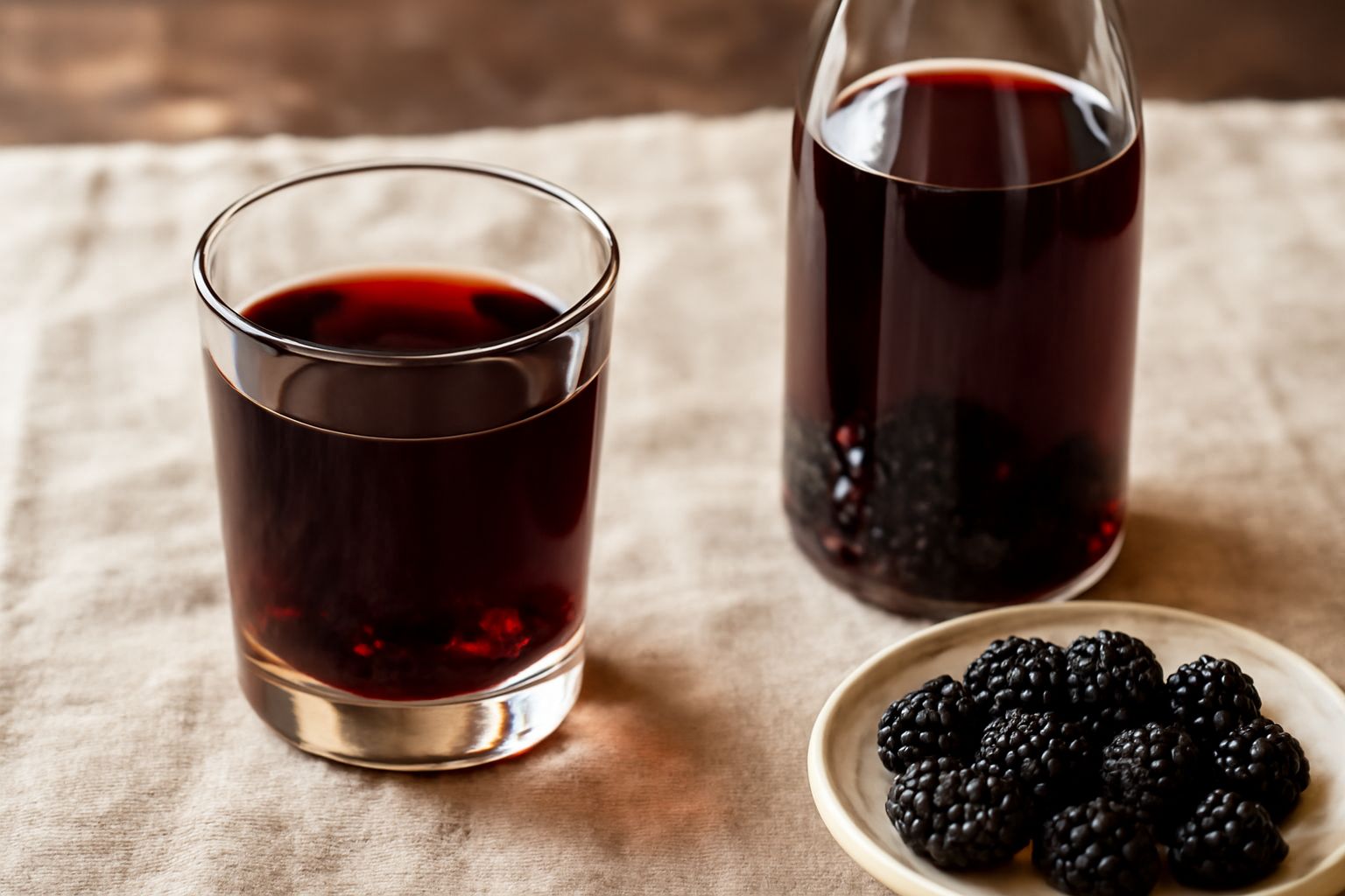 Bicchiere di liquore rosso scuro con bacche di gelso dentro una bottiglia di vetro scuro, su fondo di legno con rametti di gelso e qualche mora fresca accanto