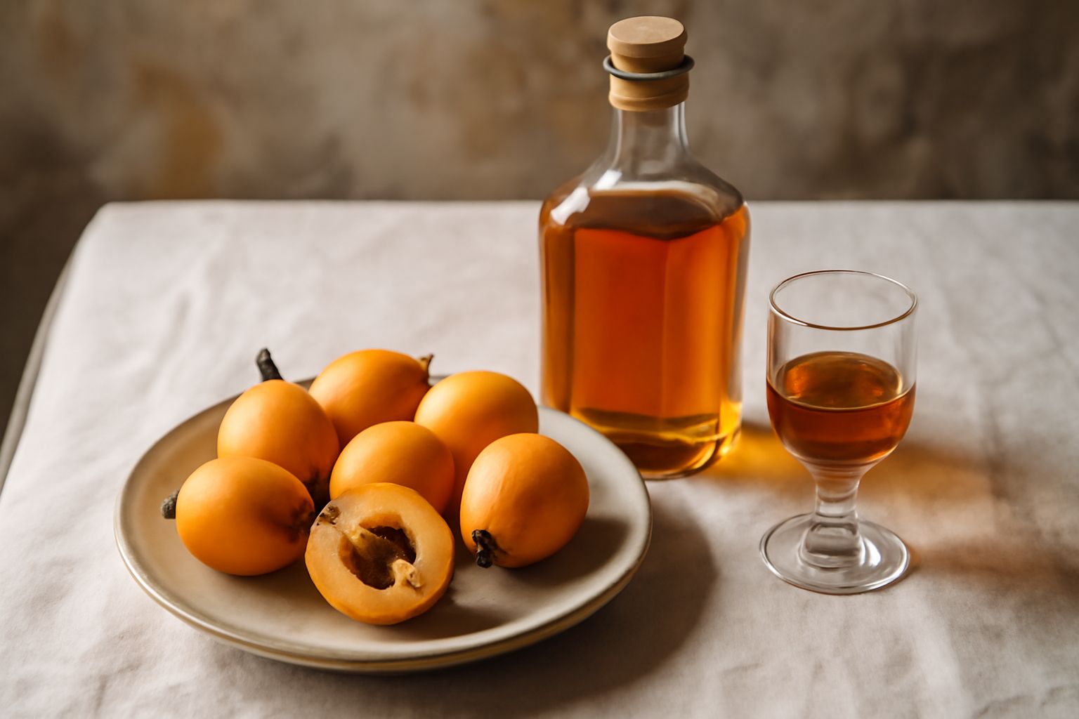 Bottiglia di vetro trasparente con liquore di nespola di colore ambrato-dorato, contornata da alcune nespole mature di colore marrone-arancio su un tavolo di legno naturale con luce diffusa
