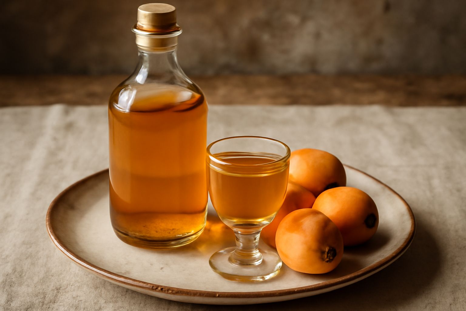Bottiglia di vetro con liquore di nespole ambrato e trasparente, circondata da nespole arancioni fresche e foglie verdi su un tavolo di legno scuro