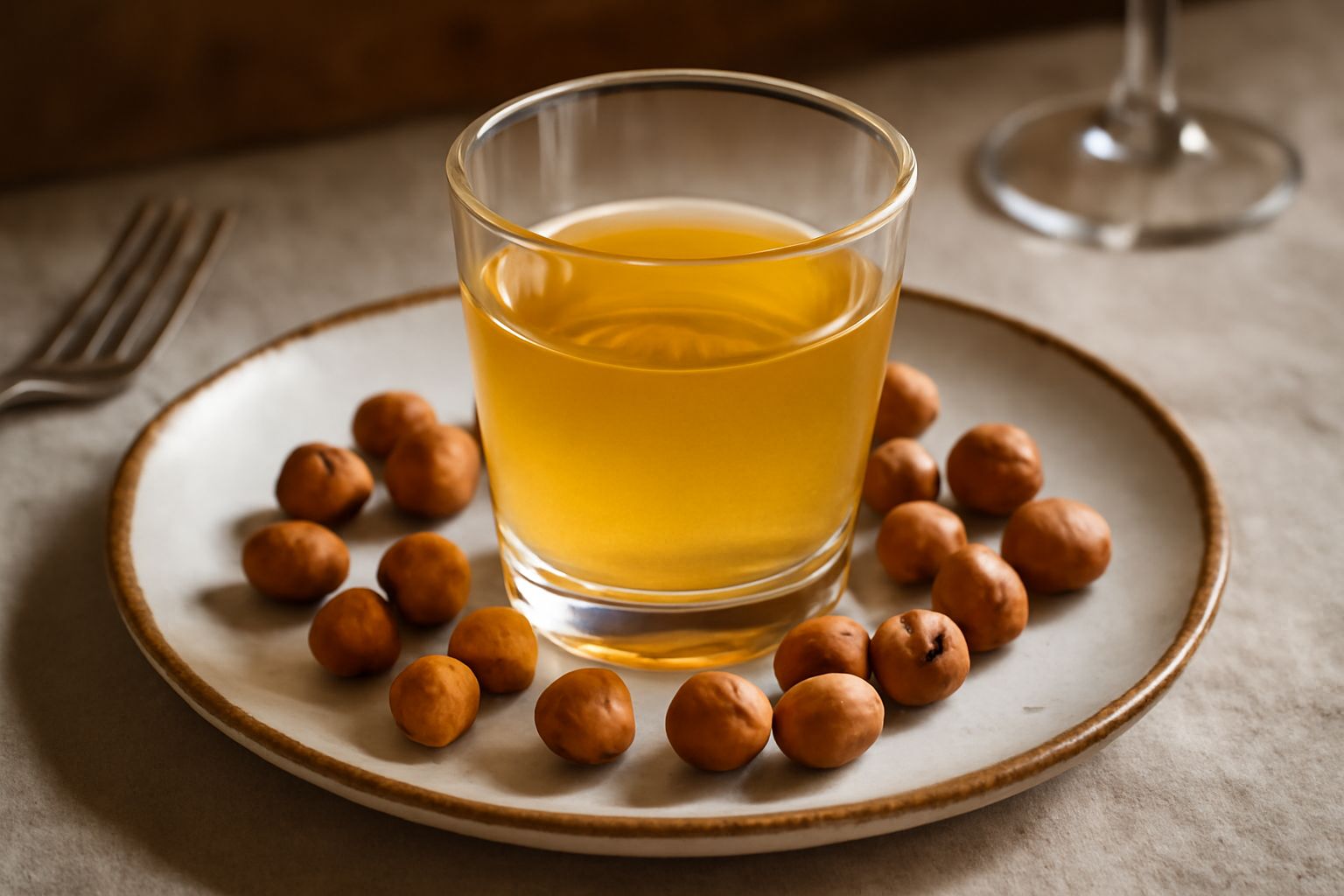 Liquore di nocciola color ambra chiaro in una bottiglia trasparente con tappo di sughero, nocciole intere tostate sparse accanto su legno naturale, sfondo bianco