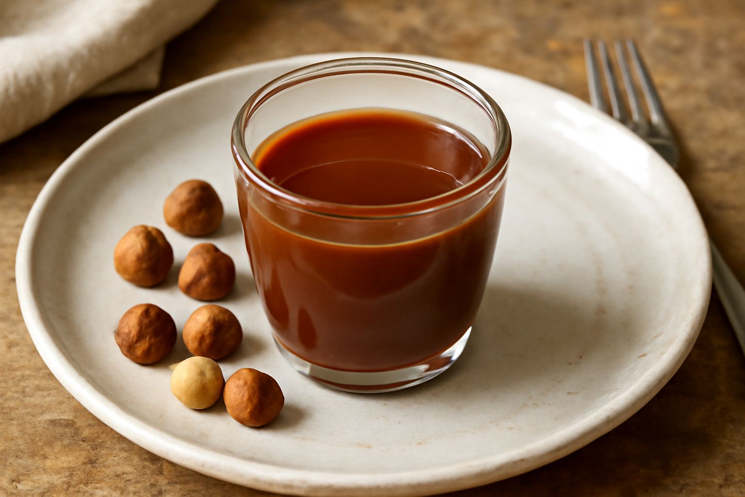 Bicchiere basso con liquore di nocciola color marrone nocciola, cremoso, accanto a una bottiglia di vetro trasparente e nocciole ancora nel guscio su una superficie di legno scuro