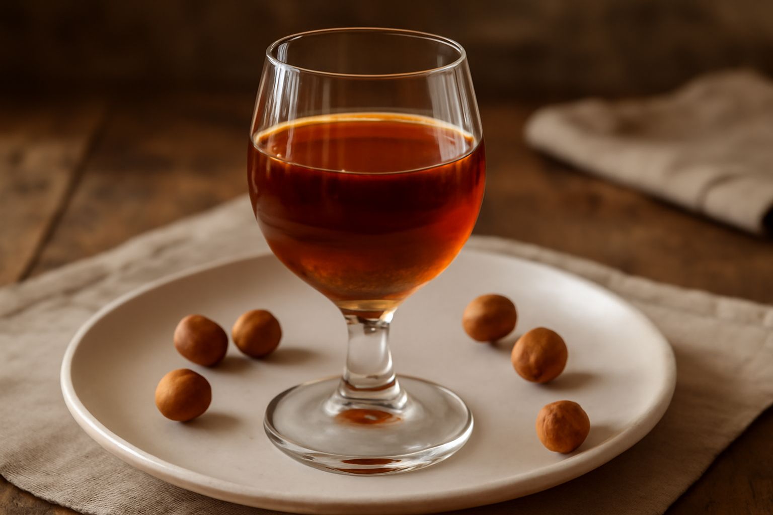 Bicchiere di liquore di nocciola trasparente e ambrato, denso come sciroppo, su un piano di marmo bianco con nocciole sgusciate e una bottiglia di vetro scuro sullo sfondo