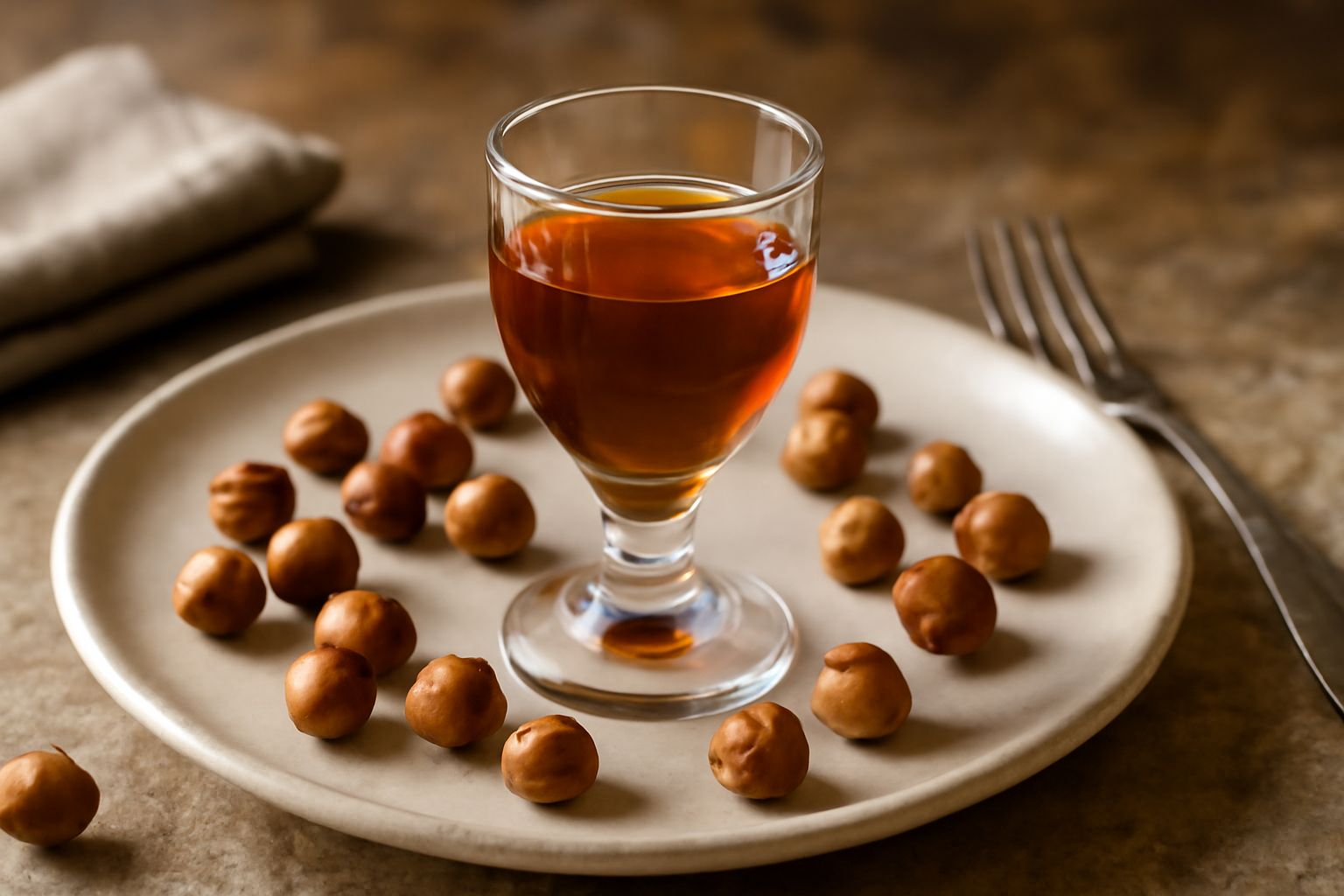 Bicchiere di cristallo con liquore di nocciola color marrone ambrato, con riflessi dorati alla luce, con alcune nocciole tostate sul fondo del bicchiere, sfondo sfumato beige