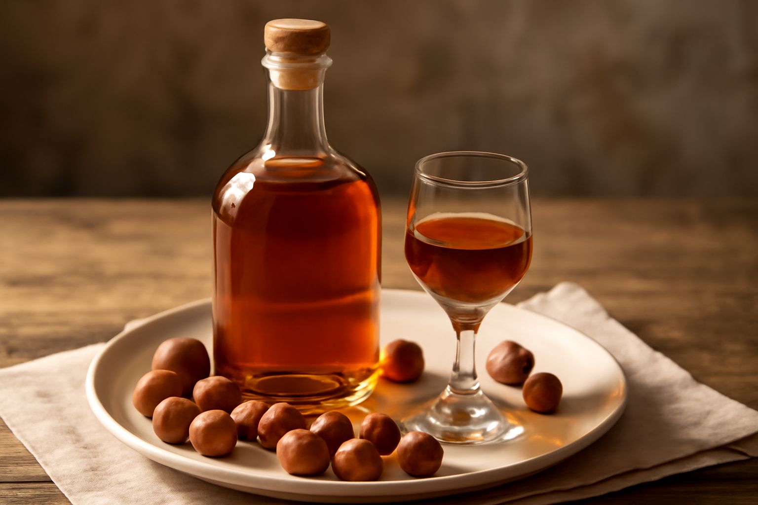 Bottiglia di vetro scuro con liquore color ambra dorato, con sfondo nocciole intere tostate sparpagliate e un bicchierino di cristallo riempito di liquore ai lati
