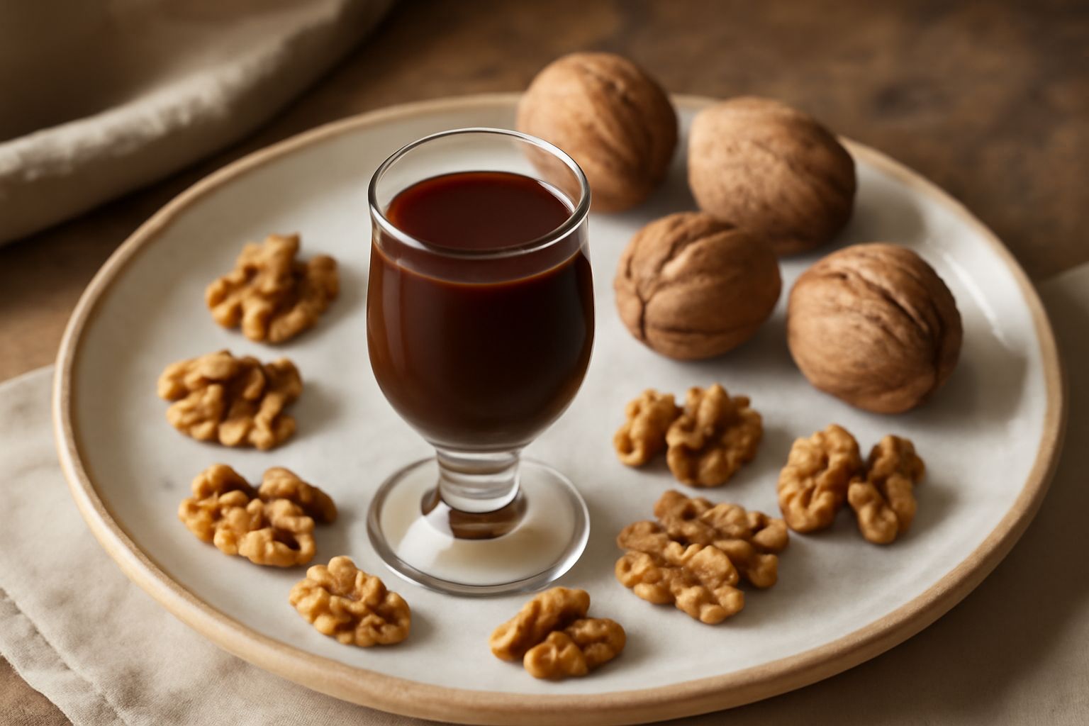 Bottiglia di vetro scuro con liquore di noci di colore marrone intenso e opaco, con noci intere adagiate accanto su fondo in legno naturale