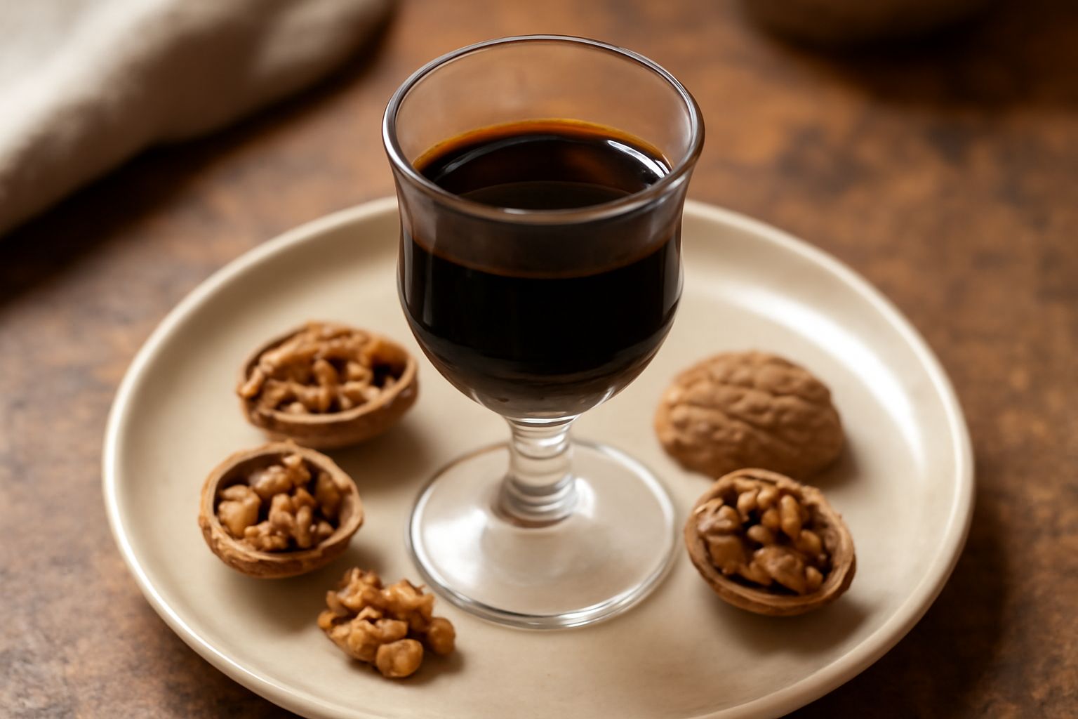 Bicchiere di cristallo con liquore di nocino scuro e trasparente, tenuto controluce, con nocciolo intero accanto e noci verdi sullo sfondo