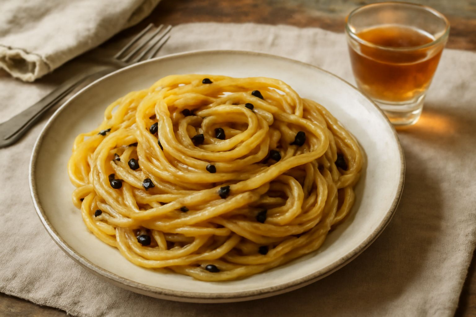 Bicchierino di vetro trasparente con liquore di pepe ambrato, grappoli di pepe nero secco in primo piano e bottiglia di vetro scuro sullo sfondo