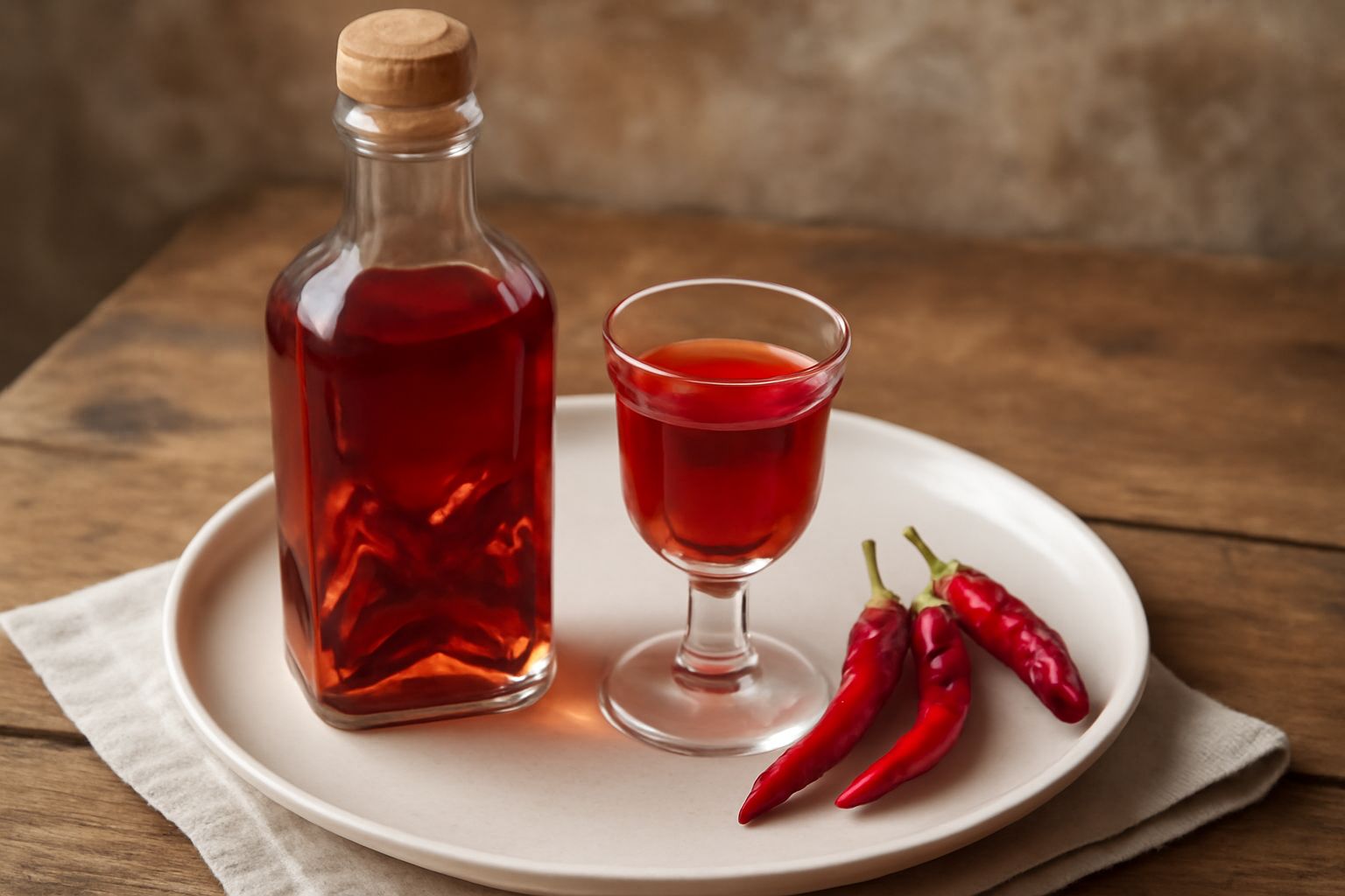 Bottiglia di vetro trasparente con liquore rosso brillante contenente peperoncini interi, posizionata su un tavolo di legno scuro accanto a peperoncini freschi rossi e un cucchiaio di legno