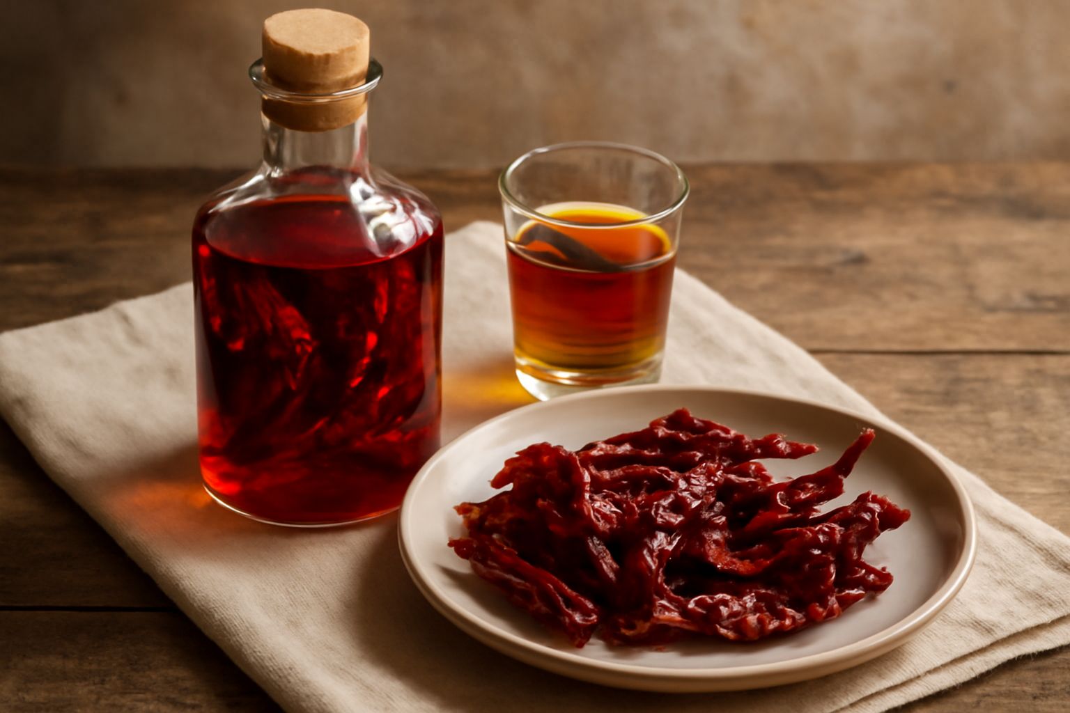 Bicchierino trasparente di liquore rosso rubino con peperone crusco dentro, su sfondo scuro, accanto a peperoni secchi rossi e una bottiglia di vetro