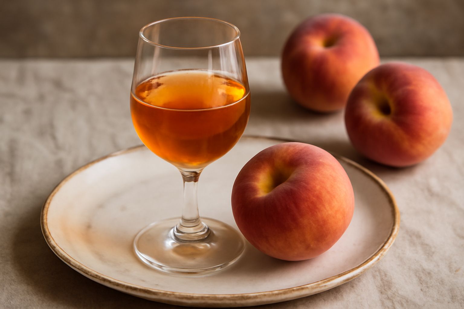 Bicchiere trasparente riempito di liquore di pesche ambrato e dorato, con sfumature arancio, seduto su un tavolo bianco accanto a pesche fresche intere e tagliate a metà