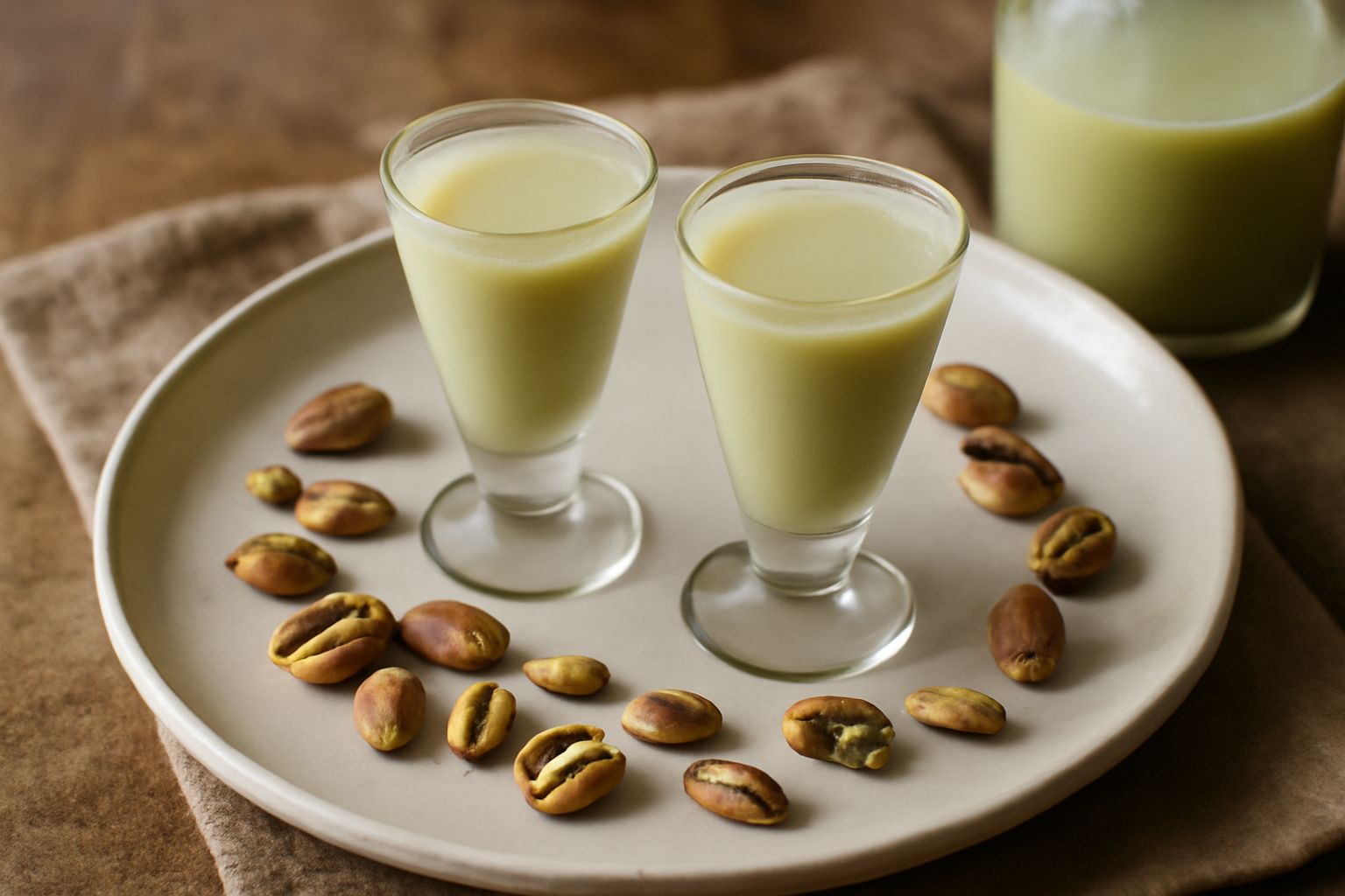 Bicchierino trasparente con liquore di pistacchio color beige cremoso, con tonalità verdastra, servito su superficie bianca con pistacchio tostato spezzato accanto