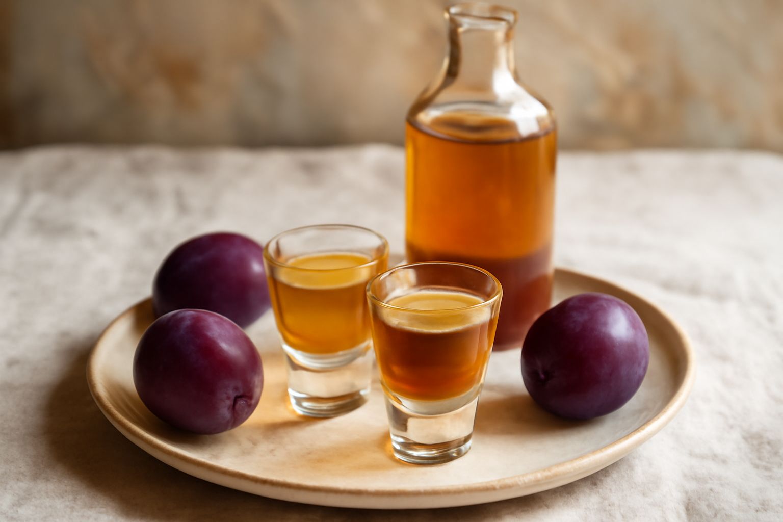 Bottiglia di vetro scuro con liquore di prugna color ambrato, circondata da prugne fresche blu e rosse, con le foglie verdi della pianta sullo sfondo