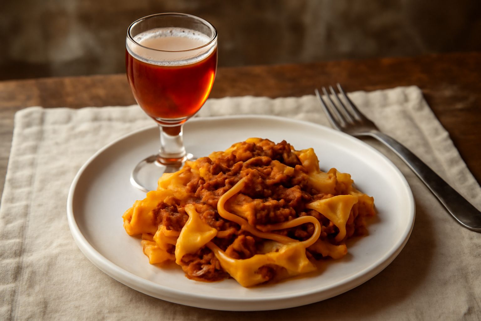 Bottiglia di vetro scuro contenente liquore di ratafia color ambrato, circondata da noccioli di albicocca, stecche di cannella e una piccola tazza di ceramica bianca con il liquore versato