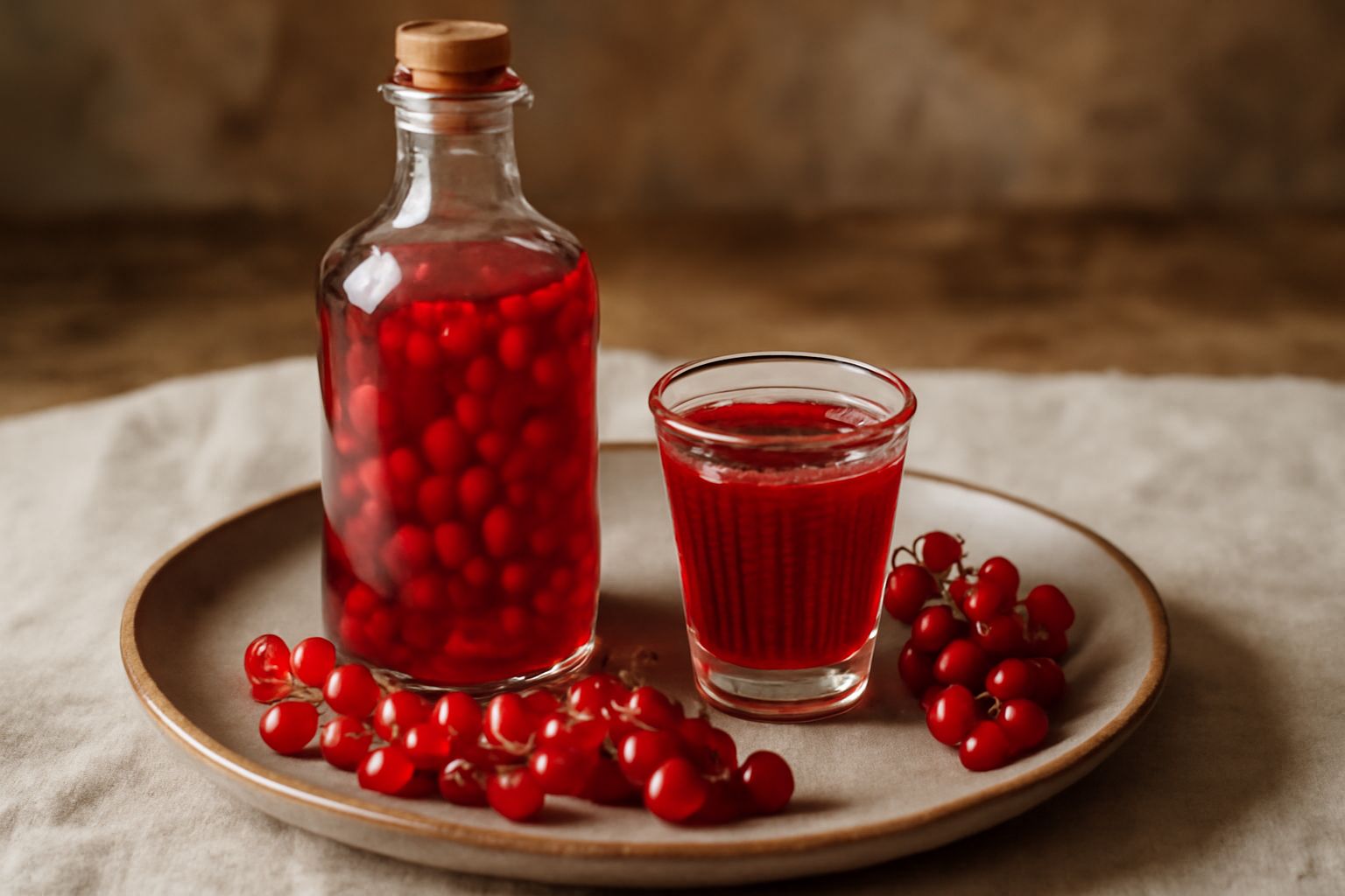 Bottiglia di vetro con liquore di ribes rosso brillante, con bacche fresche di ribes intorno e un bicchierino colmo del liquore su fondo bianco