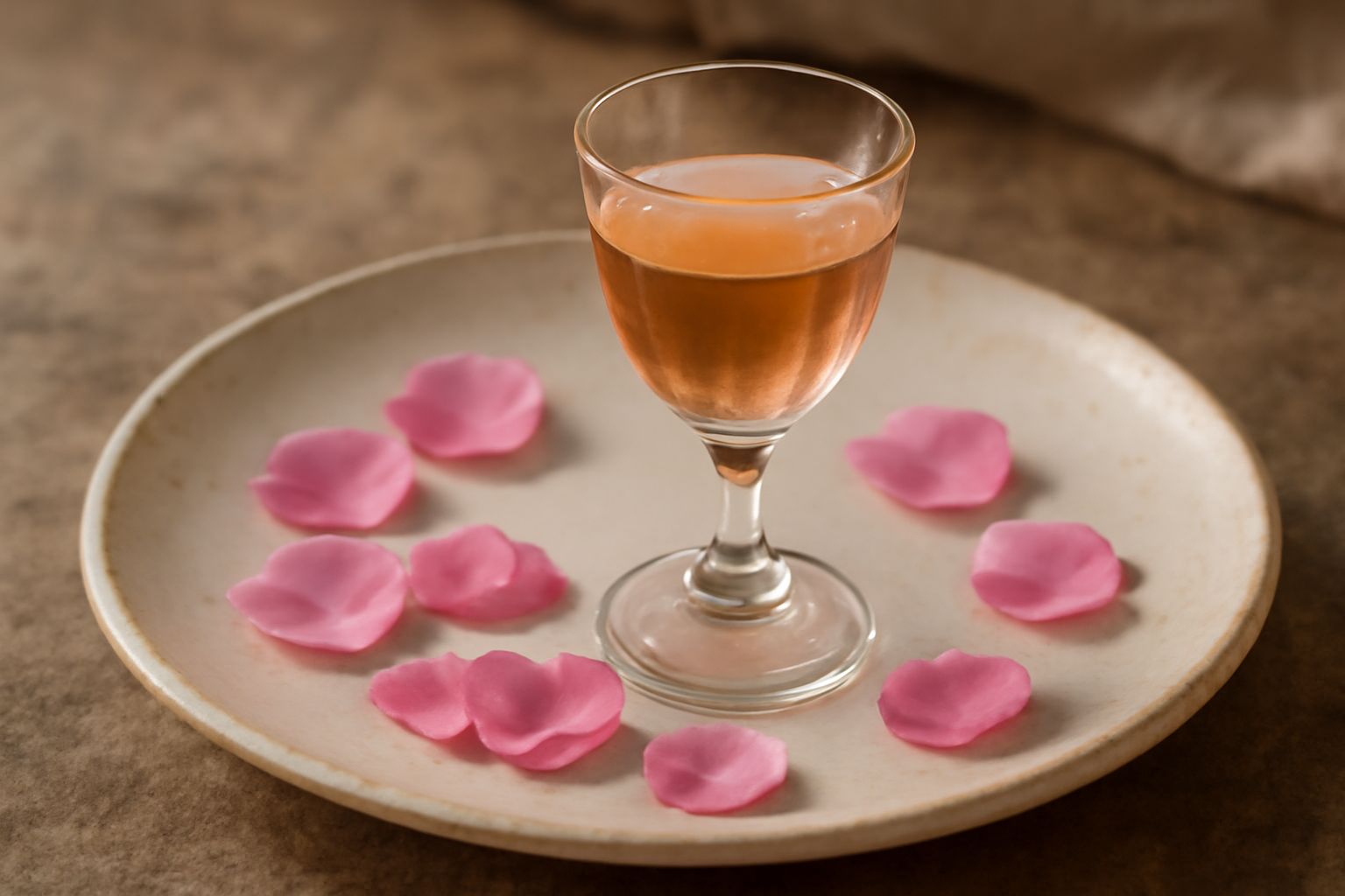 Bottiglia di vetro trasparente con liquore di rosa di colore rosa tenue, petali di rosa freschi rossi attorno al collo della bottiglia, servito in un bicchierino da liquore su uno sfondo bianco