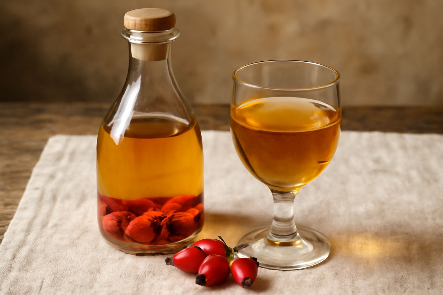 Bicchiere di cristallo trasparente con liquore dorato-ambrato, bacche di rosa canina rosse sul fondo, sommità di una bottiglia scura di vetro sullo sfondo con luce naturale pomeridiana