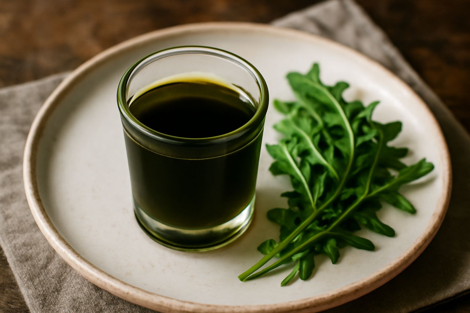 Liquore di rucola di colore verde scuro in bottiglia di vetro trasparente, con foglie di rucola fresca accanto e un bicchierino di liquore servito freddo