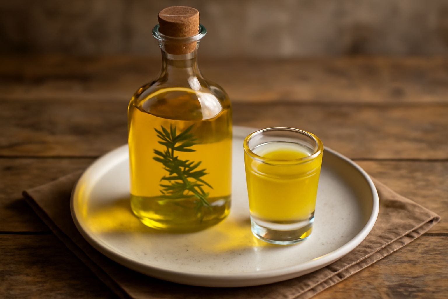 Bicchiere di liquore di ruta di colore giallo dorato con sfumature verdi, con accanto rami freschi di ruta dalle foglie frastagliate, in bottiglia di vetro scuro