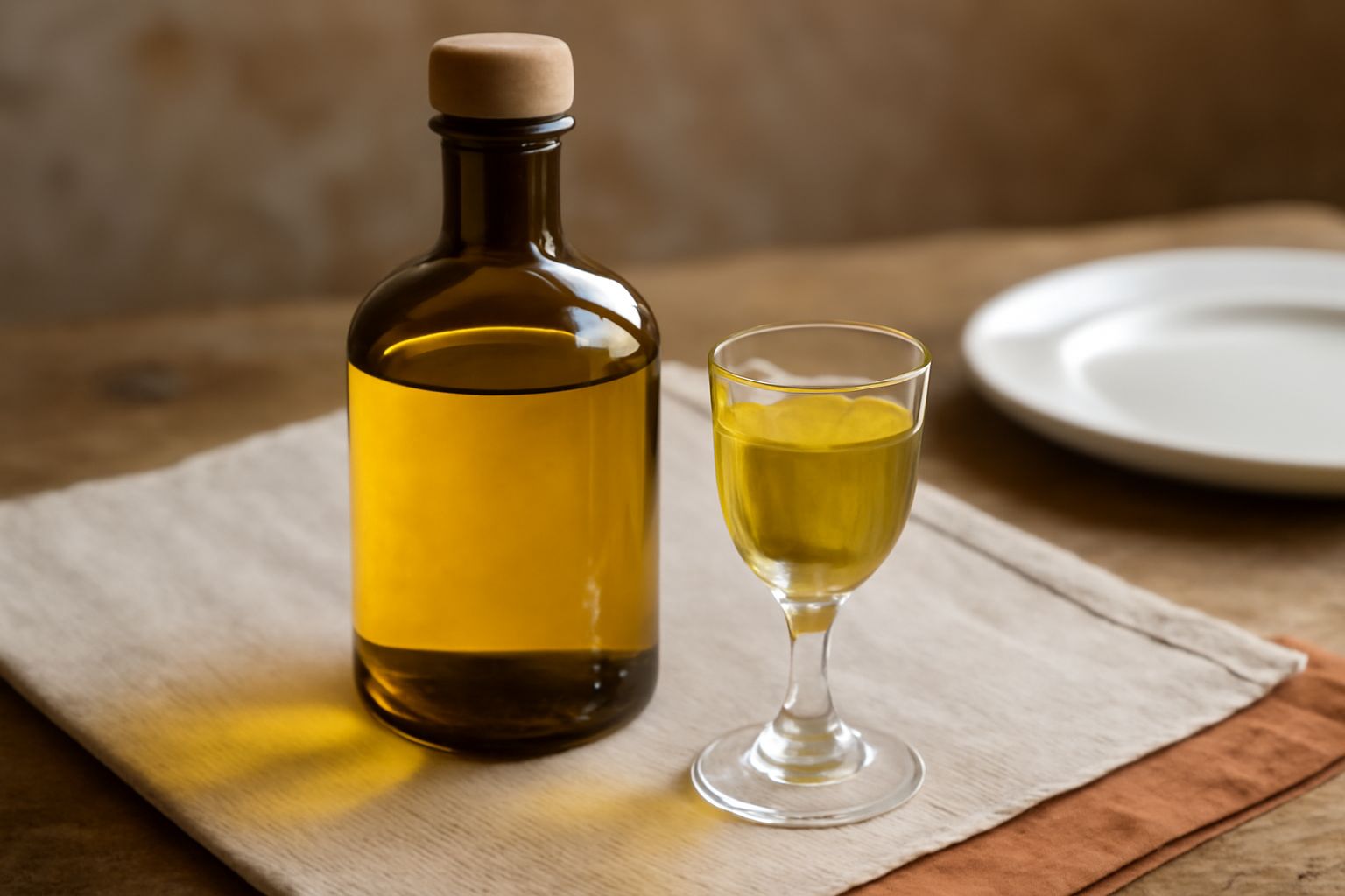 Bottiglia di vetro trasparente contenente liquore di sambuca color ambrato, su fondo sfumato con accanto semi di anice stellato e un cucchiaio di legno