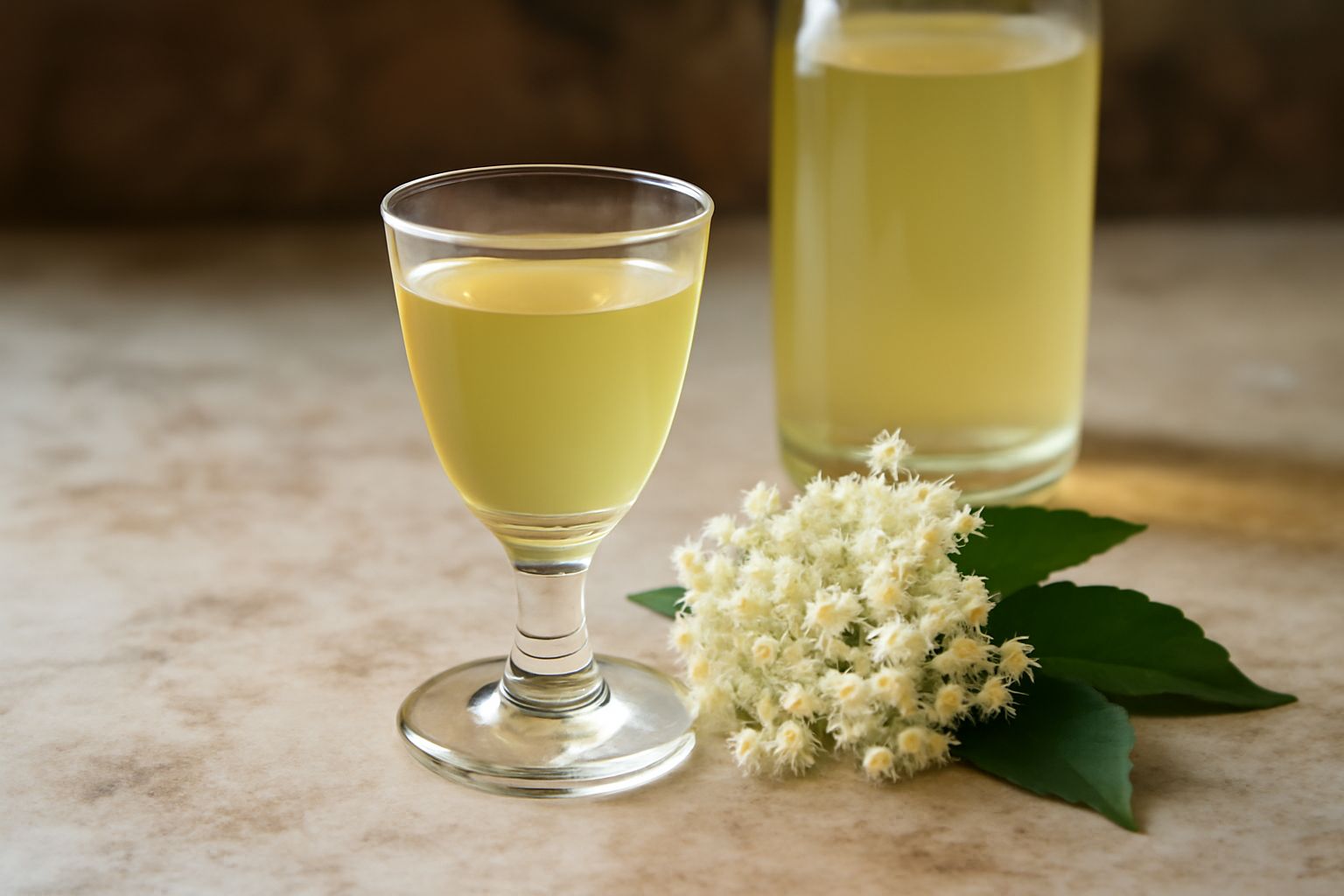 Liquore di sambuco color giallo paglierino in bottiglia di vetro trasparente, retroilluminato da luce naturale, con alcuni fiori di sambuco secchi accanto